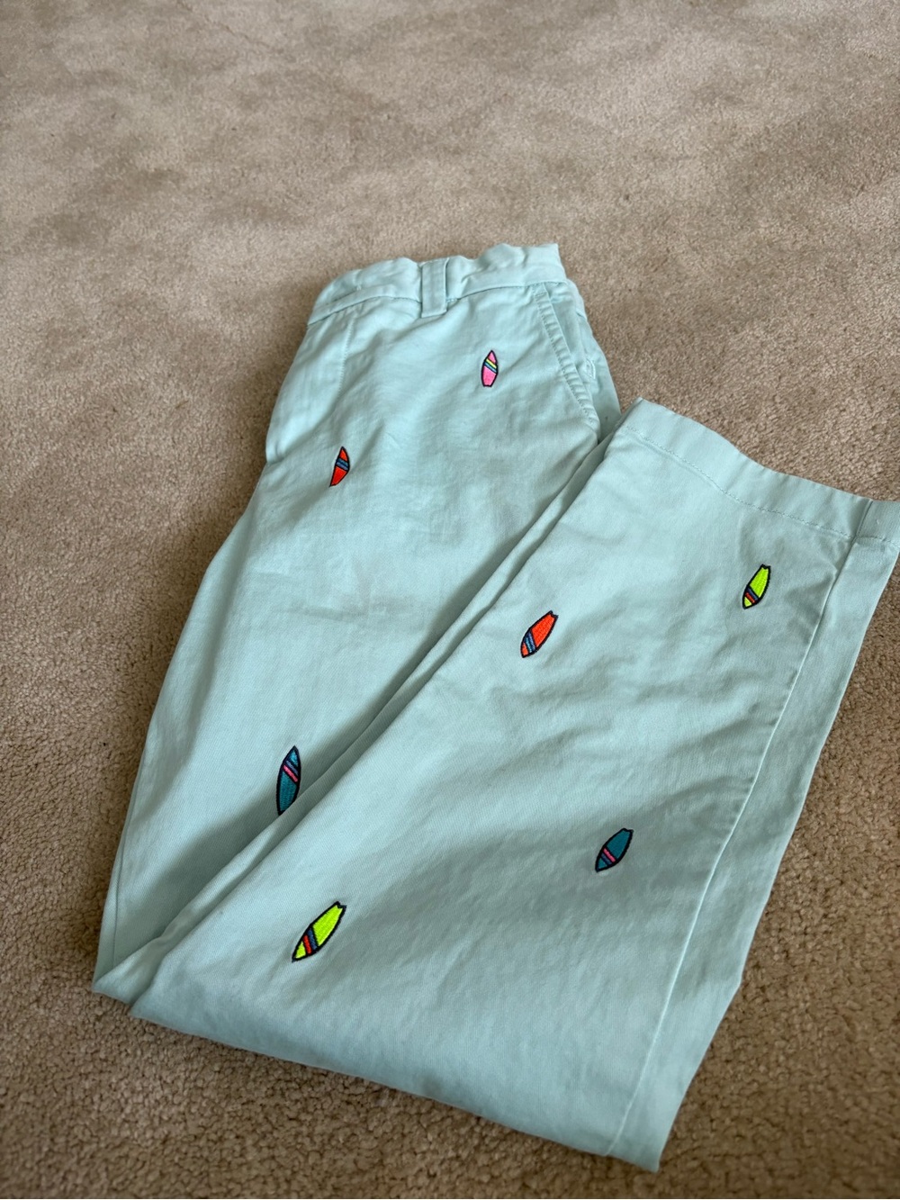 Boys Vineyard Vines Light Mint Pants with Colorful Surfboard Embroidery, Size 8